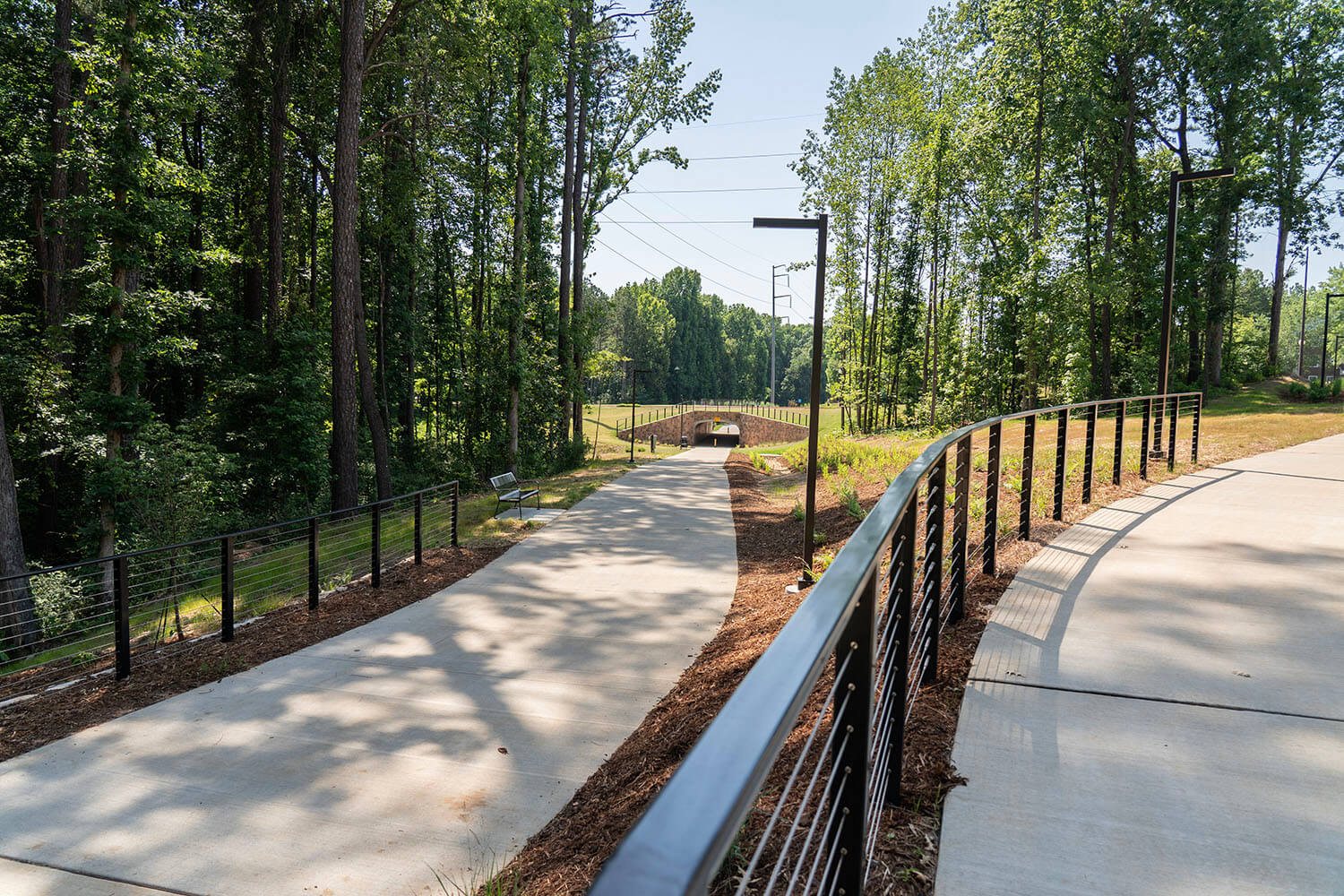 New Alpha Loop trail in June 2024 showing the pathway along wooded areas and new fencing